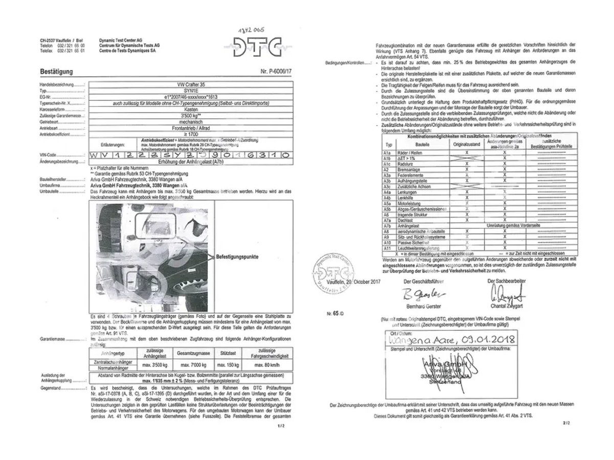 DTC-Gutachten für 3500 kg Anhängelast - VW Crafter & MAN TGE, 2017-