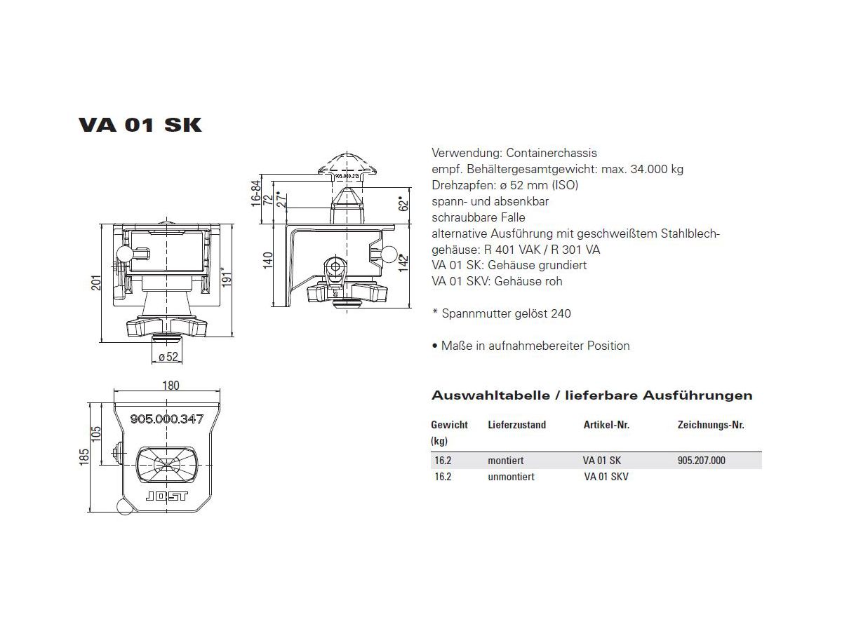 Verriegelung absenkbar, Gehäuse roh