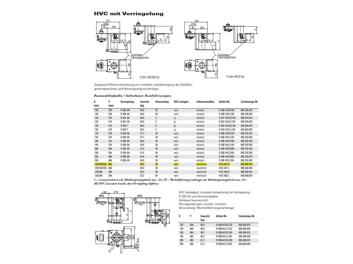 Verrouillage avec réglage en hauteur - droit 120/220/335
