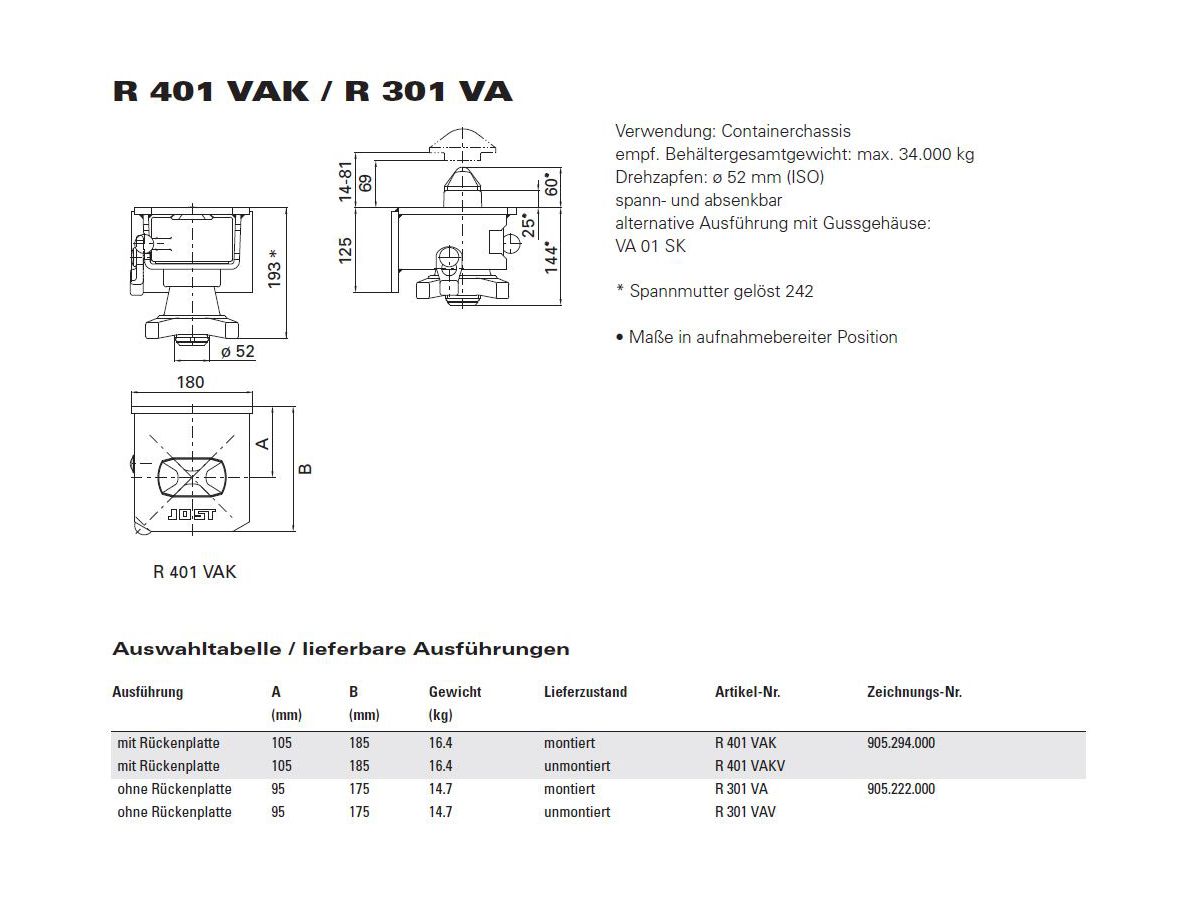 Verriegelung absenkbar - Zeichnungs-Nr. 905.294.000