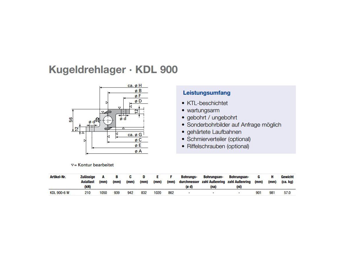 Kugeldrehlager KDL 900 ungebohrt - Zulässige Axiallast 210 kN